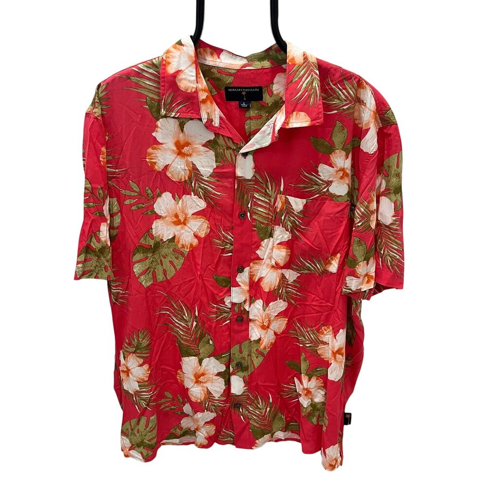 Margaritaville Mens L Button Down Hawaiian Shirt Tropical Floral Red Vacation